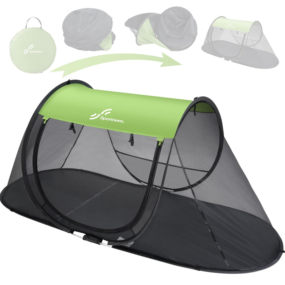 Sportneer pop-up mosquito net tent demonstrates rapid setup for camping.
