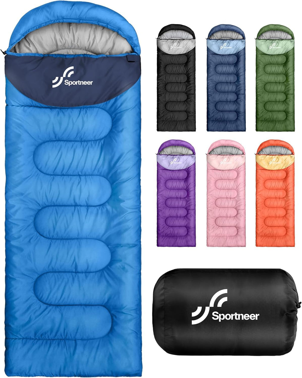 Sportneer sleeping bag in compression carry bag for easy backpacking.