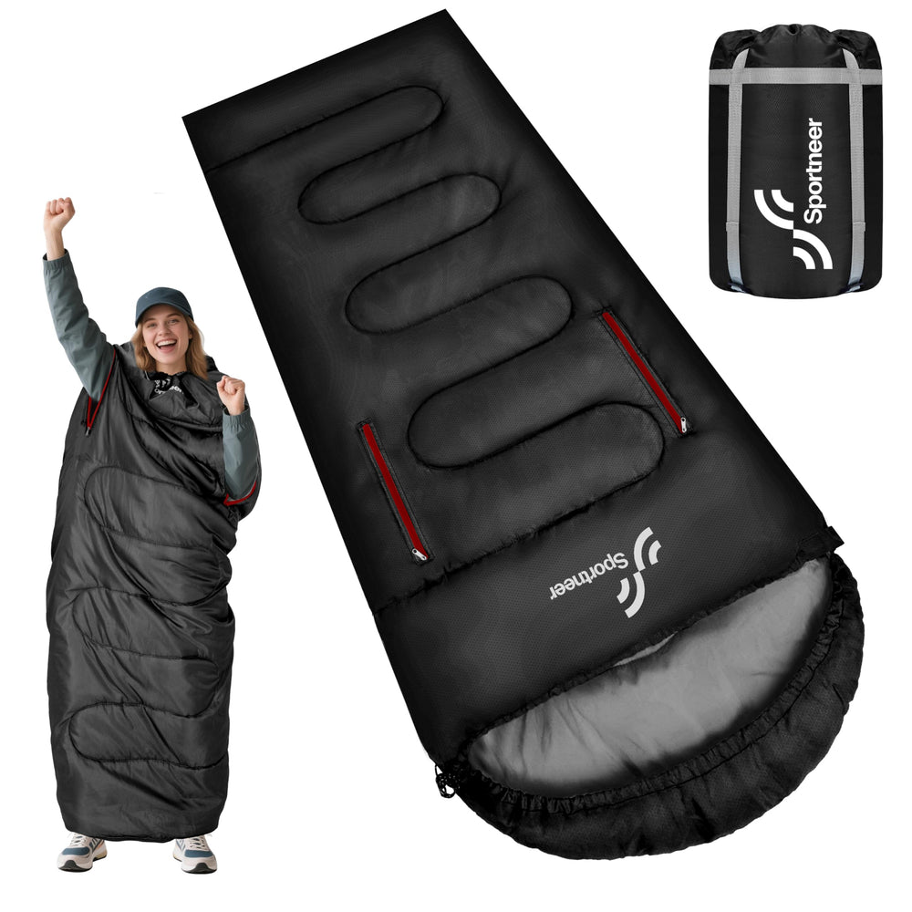 Sportneer wearable sleeping bag arm-zipper closeup for easy mobility in cold.