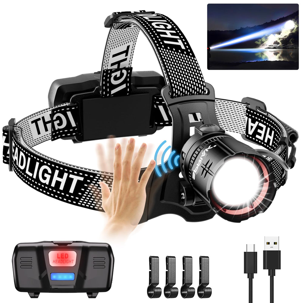Spriak high-lumens headlamp front view with long-range beam for night activities.