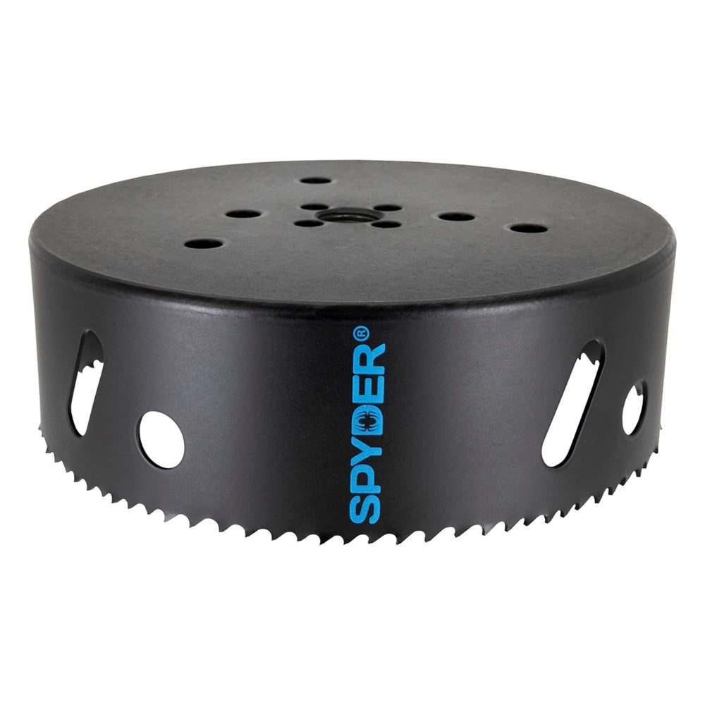 Spyder 6-Inch Bi-Metal Hole Saw cut close-up showing smooth steel cutting capability.