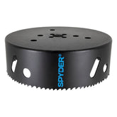 Spyder 6-Inch Bi-Metal Hole Saw cut close-up showing smooth steel cutting capability.