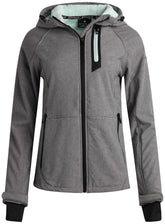 Spyder women's softshell jacket hood zipper close-up highlights weather-ready design and water resistance.