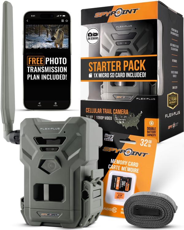 SPYPOINT Flex-Plus Starter Pack camera front view highlights extended battery life for cellular scouting.