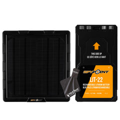 SPYPOINT rechargeable 7.4V battery pack powering a trail camera in the field