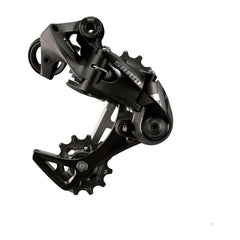 SRAM X01 DH rear derailleur with clutch enables smooth shifts on rough downhill terrain.