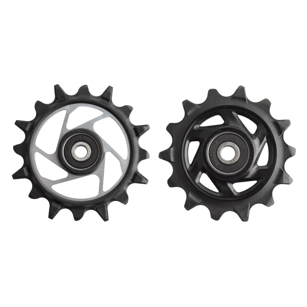 SRAM XX SL Eagle T-Type AXS upper 14t pulley for smoother shifting on rugged XC trails.