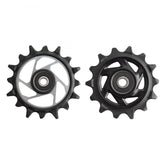SRAM XX SL Eagle T-Type AXS upper 14t pulley for smoother shifting on rugged XC trails.