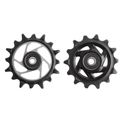 SRAM XX SL Eagle T-Type AXS upper 14t pulley for smoother shifting on rugged XC trails.