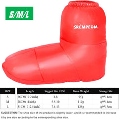 Srempeom down booties red packaged view showing compact storage and portability
