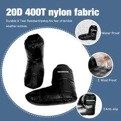 Srempeom booties in sleeping bag offer cozy foot warmth.