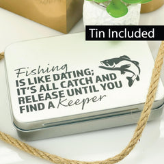 Lure displayed with keepsake tin package