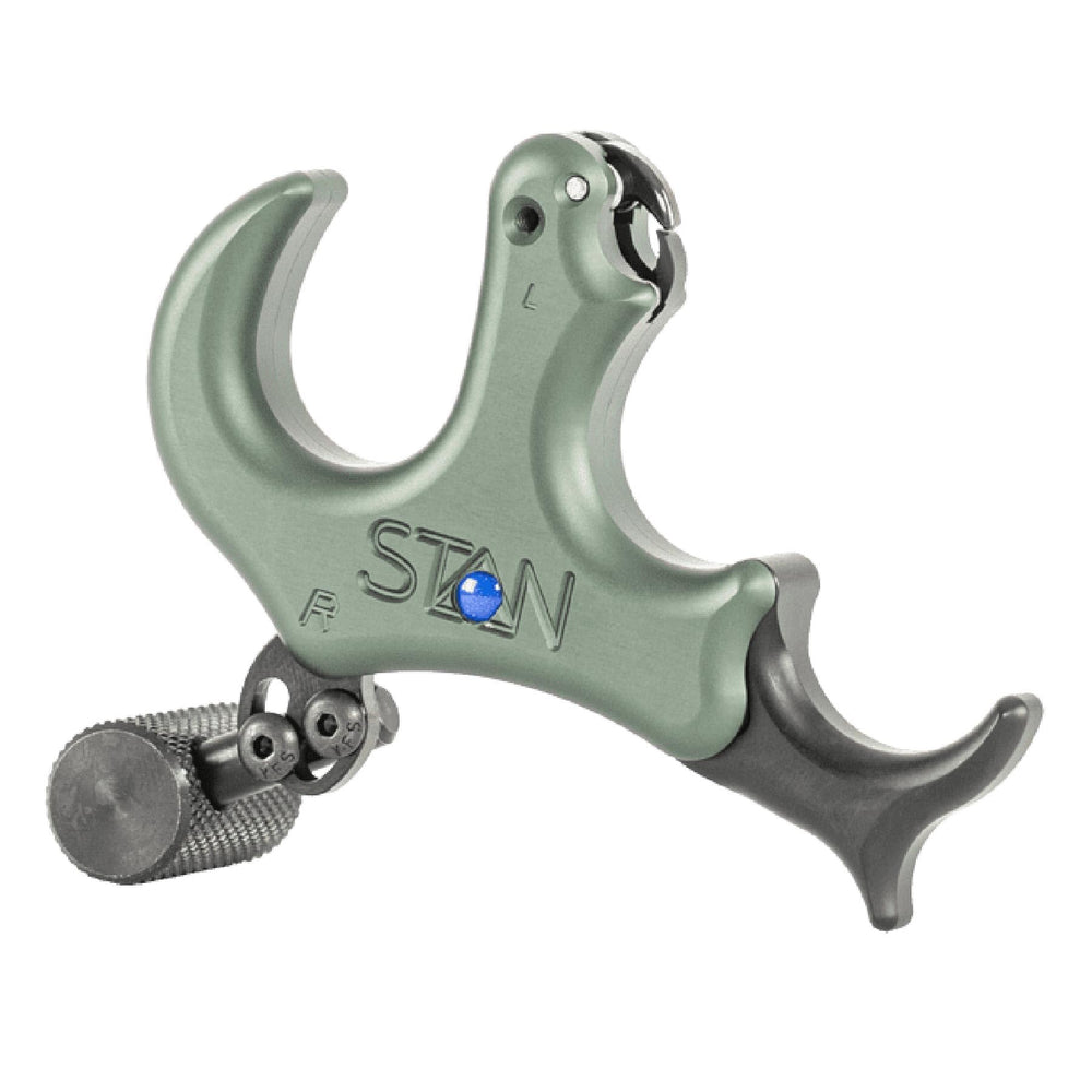 Stan OnneX resistance archery release with 3-finger grip for consistent anchor points during practice.