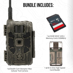 Stealth Cam Deceptor Max bundle contents including 32GB card and reader enable quick field setup.