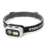 Steelman Pro 300-lumen headlamp worn on head for hands-free illumination.
