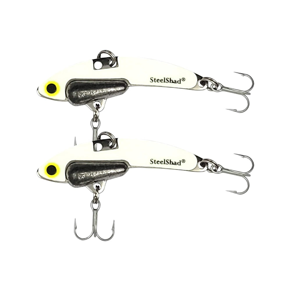 SteelShad Mini Glow White 1/4 oz lure glows, attracting bites day and night.