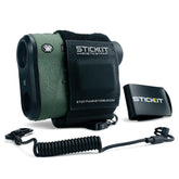STICKIT magnetic strap on belt holds rangefinder for quick access during hunts.