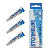 Stormsure 3x5g tubes close-up, clear adhesive for flexible fabric repairs.