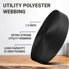 Strapworks heavy-duty polyester webbing in black, non-stretching for outdoor gear.