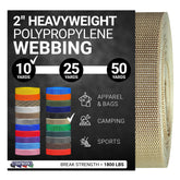 Strapworks heavyweight polypropylene webbing roll in khaki for outdoor tie-downs.