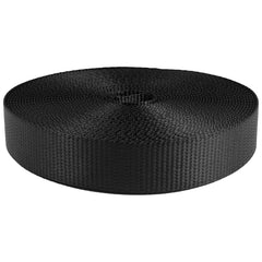 Strapworks utility polyester webbing, black with tight weave, ideal for secure tie-downs and crafts.