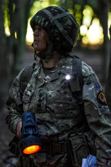 Red filter improves safety and visibility during low-light outdoor tasks.