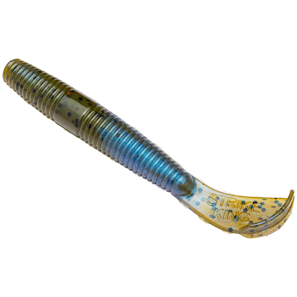Strike King Rage Ned Cut-R Worm in Blue Craw shows dynamic soft plastic action for bass