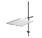Stromberg Carlson campfire grill grate stake demonstrates adjustable height for open-fire cooking.