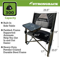 STRONGBACK camping chair with attached side table, ideal for meals outdoors.