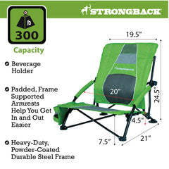 STRONGBACK Low Gravity Beach Chair side view shows stability on sand.