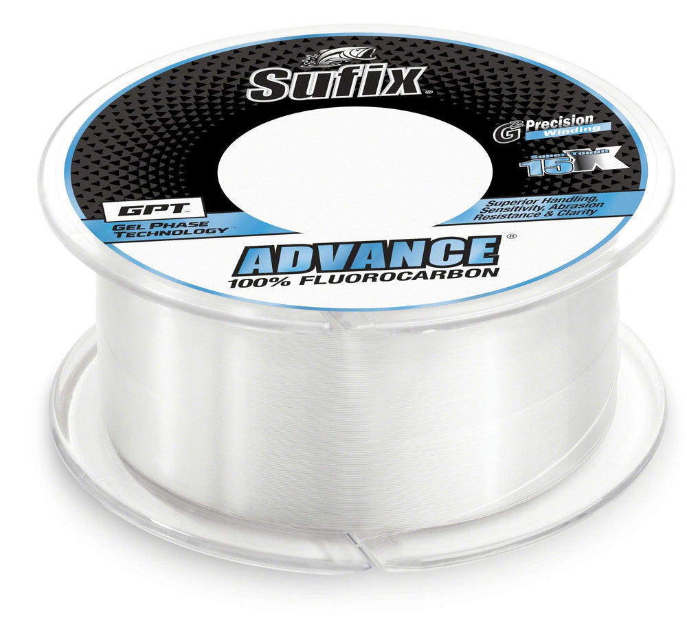 The Sufix 679-012C fluorocarbon line, 12 lb, 200 yd, clear packaging, for outdoor fishing.