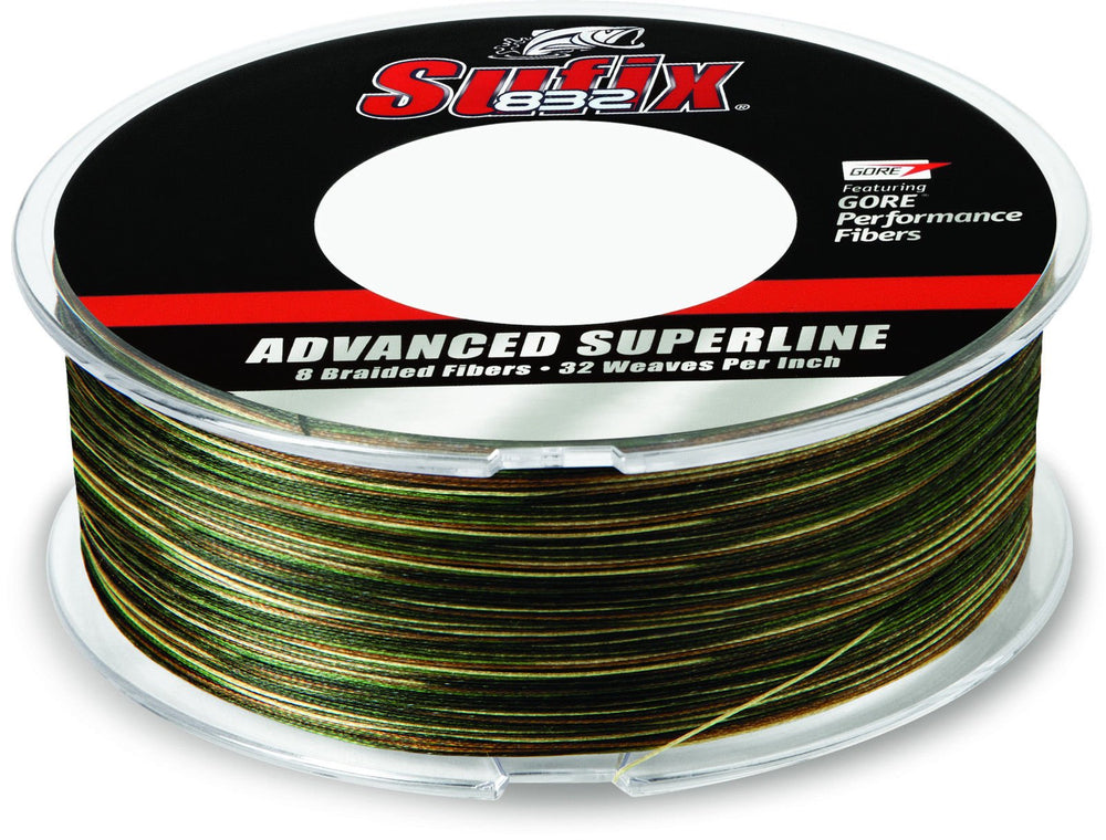 Sufix 832 Advanced Superline Braid in camo enhances strength for boating and fishing.