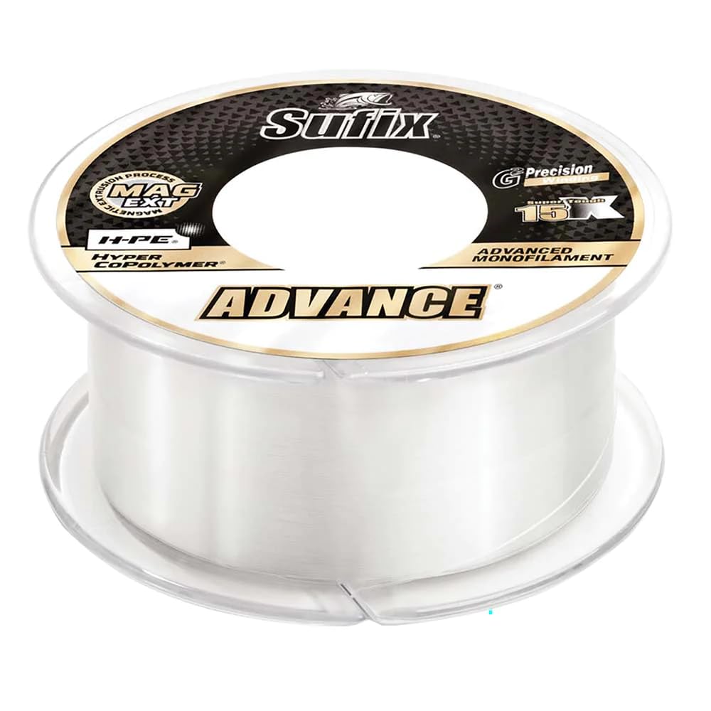 Sufix Advance monofilament line in clear spool, offering smooth casting and low memory.