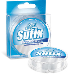 Sufix Ice Magic 100yd Clear spool ideal for ice fishing in freezing conditions.