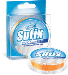 Sufix Ice Magic 6 lb Neon Orange spool for cold-water line handling.