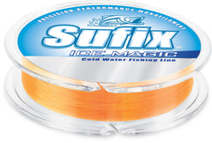 Close-up of neon orange Ice Magic line on reel showing fast sinking action