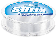 Sufix Ice Magic 8lb Clear line shown on reel for easy handling in cold temperatures.
