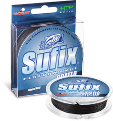 Sufix Performance V-Coat Tip-Up Line in black 15 lb, ideal for ice fishing and abrasion resistance
