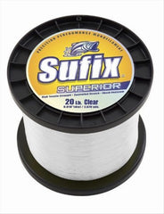 Sufix Superior 8 lb Clear monofilament fishing line on display, highlighting high tensile strength and low stretch for reliable casting