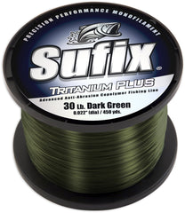 Sufix Tritanium Plus 8 lb dark green spool for long casts and abrasion resistance.