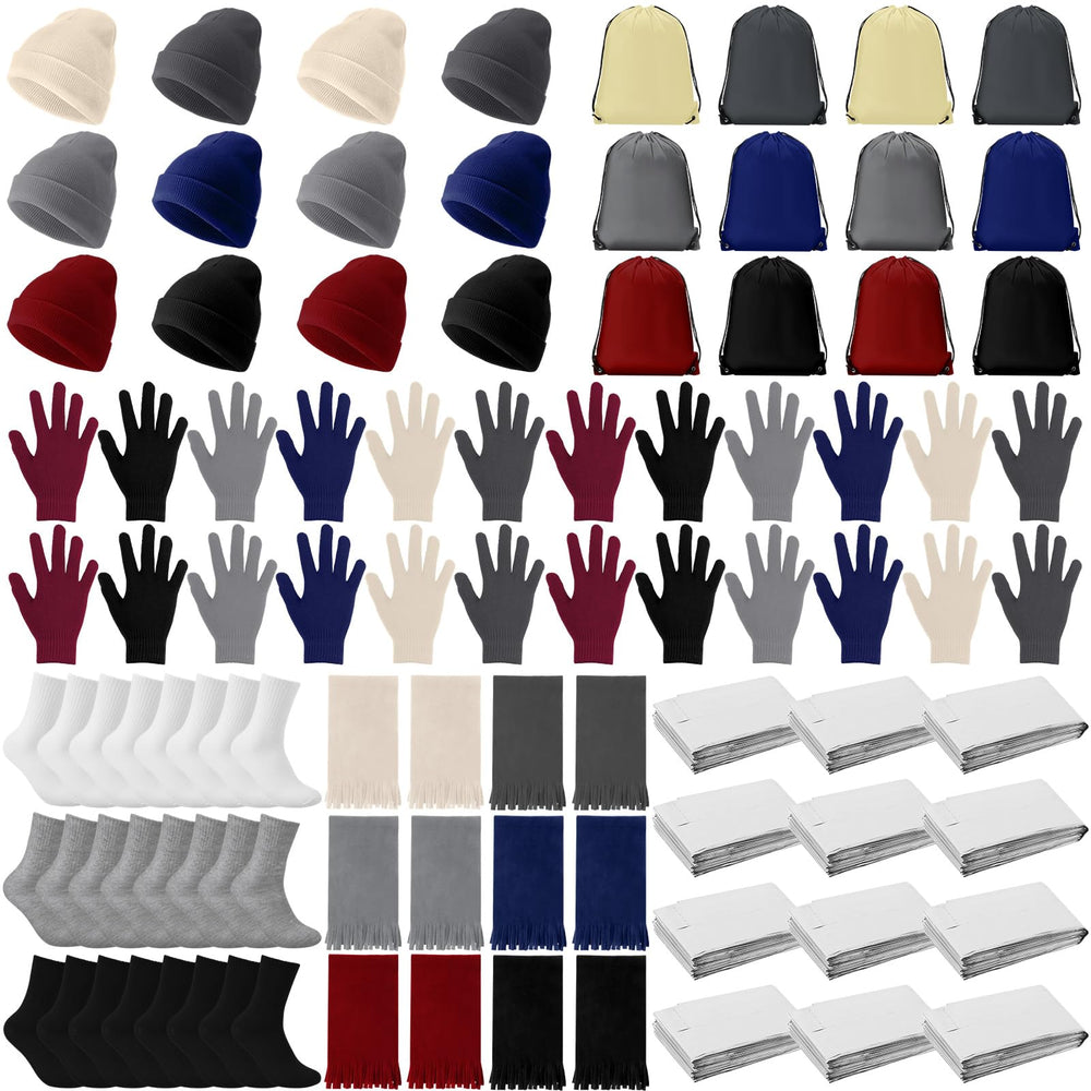 Suhine 72-pcs homeless care package image highlighting a complete winter donation bundle