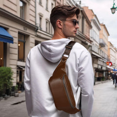 SUIKIHUM Soft Leather Fanny Pack worn crossbody for hands-free travel.