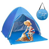 SUMELAY pop up beach tent blue fully assembled providing instant shade for a family beach day.