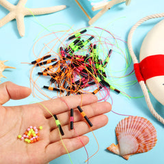 Close-up of bobber stop components: nylon braided thread and plastic bead