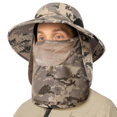 SUN CUBE fishing hat with neck flap and face mask for UV protection during outdoor activities.