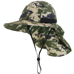 Sun Cube wide brim hat with face shade and neck flap for sun protection.