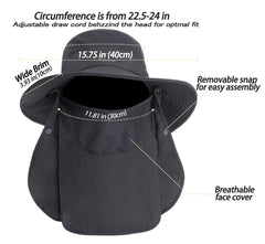 Adjustable chin strap and rear drawstring on sun hat