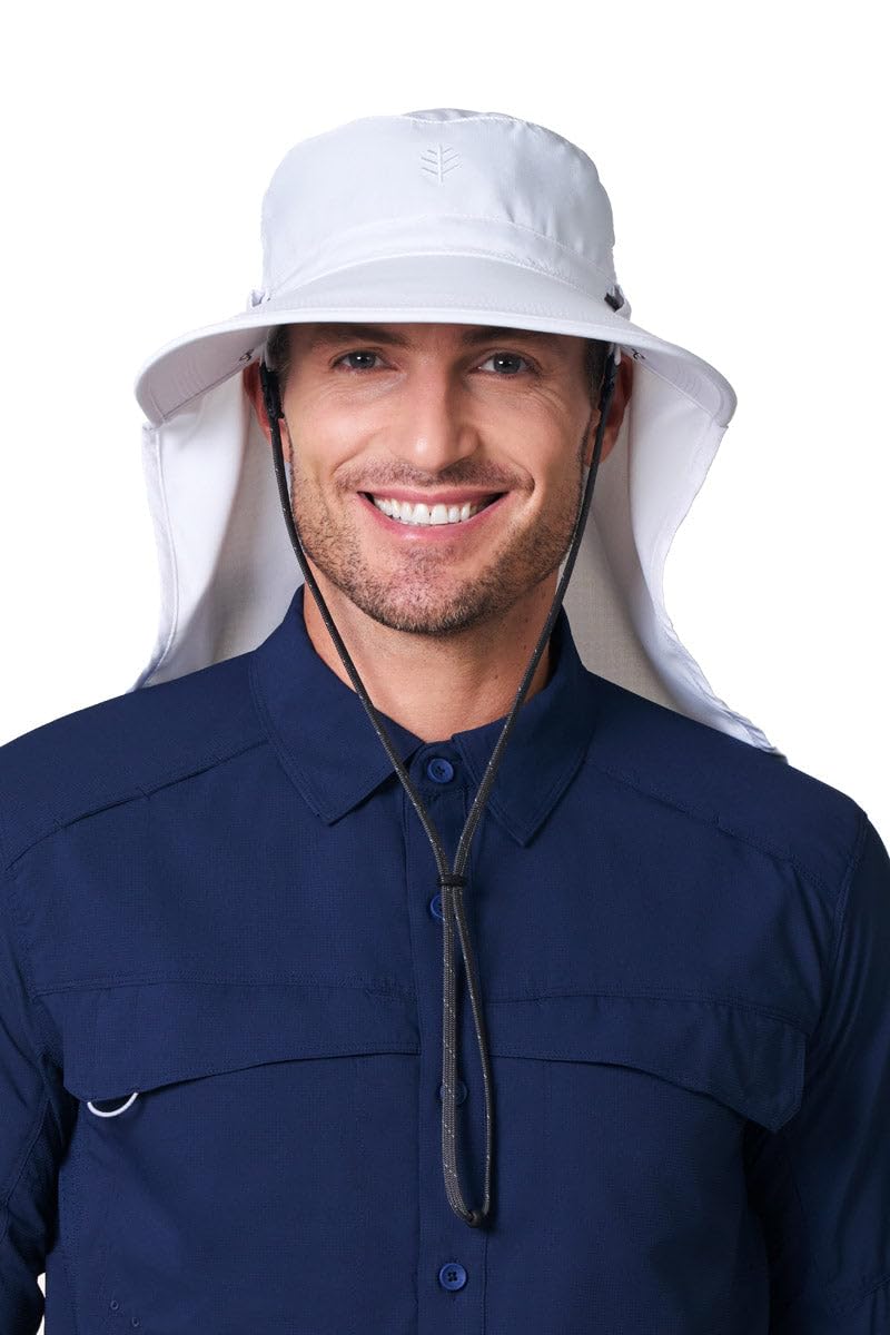 Front view of Stevie Ultra sun hat in white with neck drape and clip-on mask