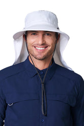 Front view of Stevie Ultra sun hat in white with neck drape and clip-on mask