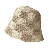 Women’s beige checkered straw sun hat – foldable, one-size fits most